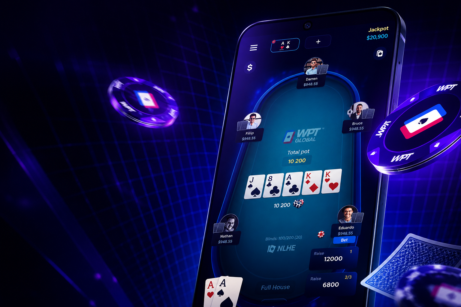 WPT扑克手机界面与赛事内容展示